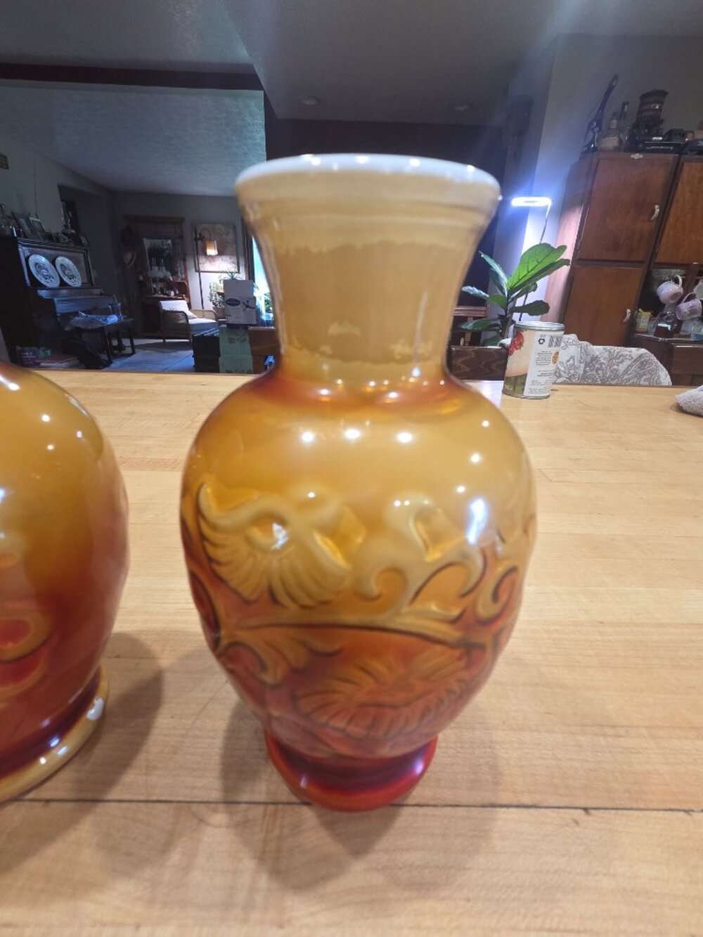 Vintage Avon Spring Bouquet Amberina Slag Glass Vase Pair Mid Century - Picture 2 of 8